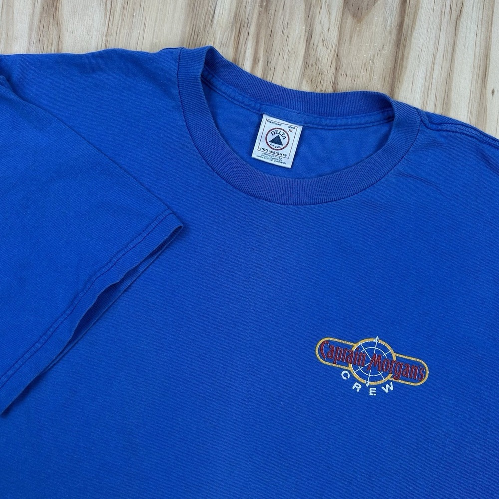Y2K Captain Morgan Men's XL Blue T Shirt Short Sleeve Faded Logo Graphic VTG